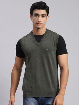 Monte Carlo - Olive Mix Solid V Neck Sweater