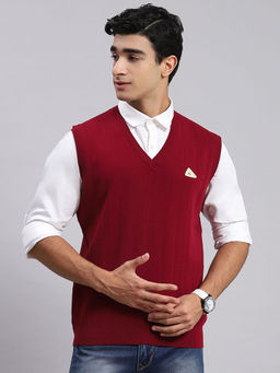 Monte Carlo - Maroon Solid V Neck Sweater