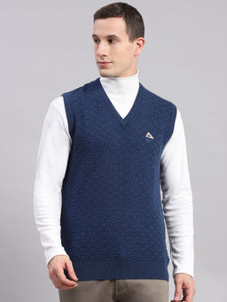 Monte Carlo - Blue Mix Self Design V Neck Sweater