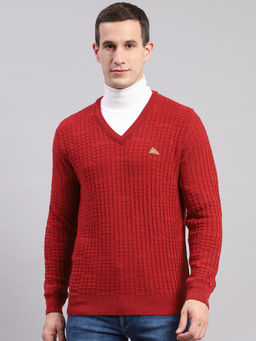 Monte Carlo - Maroon Mix Self Design V Neck Sweater