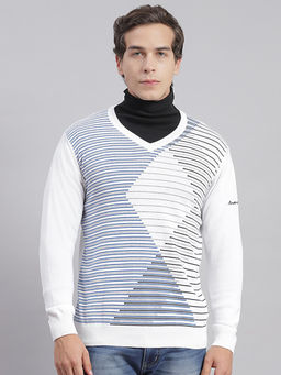 Monte Carlo - White Self Design V Neck Pullover