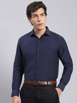 Monte Carlo - Navy Striped Spread Collar Shirt