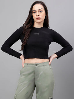 Xpose - Women Black Round Neck Ribbed Fitted Crop Top