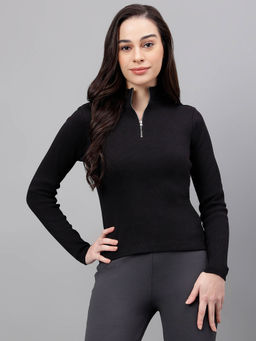Xpose - Women Black High Neck Ribbed Fitted Top
