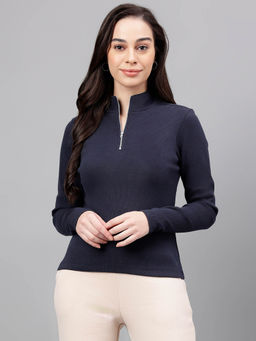 Xpose - Women Navy High Neck Ribbed Fitted Top