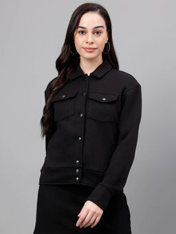 Xpose - Women Black Sprayed Collar Fleece Tailored Jacket