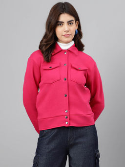 Xpose - Women Fuchsia Pink Sprayed Collar Fleece Tailored Jacket