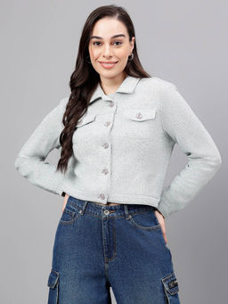 Xpose - Women Green Sprayed Collar Cotton Crop Jacket