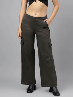 Xpose - Women Olive Comfort Wide Leg High-Rise Cargo Trouser