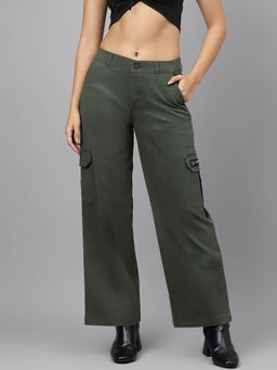 Xpose - Women Dark Green Comfort Wide Leg High-Rise Cargo Trouser