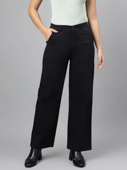 Xpose - Women Black Comfort Straight Fit High Rise Pure Cotton Trouser