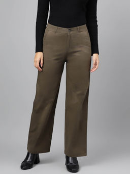 Xpose - Women Olive Comfort Straight Fit High Rise Pure Cotton Trouser