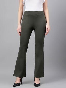 Xpose - Women Olive Comfort Flared High-Rise Trouser