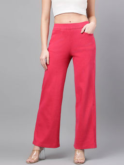 Xpose - Women Pink Ribbed Wide Leg High-Rise Trouser
