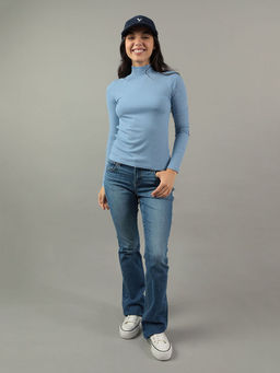 American Eagle - Women Blue Full Sleeves Hey Baby Mock Neck T-Shirt