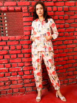 Jaipur Kurti - Olive Green Floral Hoodie with Floral Pants Co-Ord (Set of 2)