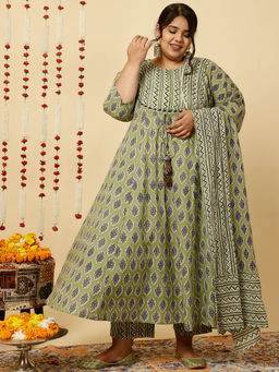Jaipur Kurti - Olive Printed Flared Kurta with Zig-Zag Printed Pants And Dupatta (Set of 3)