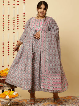 Jaipur Kurti - Grey Printed Flared Kurta with Zig-Zag Printed Pants And Dupatta (Set of 3)