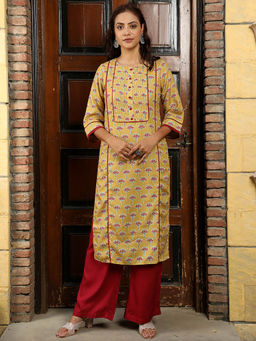 Jaipur Kurti - Lotus Print Mustard Straight Kurta