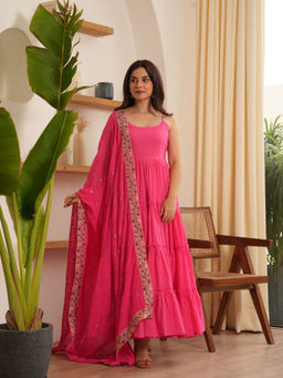 ONEWE INDIA - Ariel Pink Cotton Flare Kurta with Churidar and Dupatta (Set of 3)