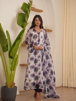 ONEWE INDIA - Plumeria Purple Chiffon Floral Kurta with Inner, Pant & Dupatta (Set of 4)