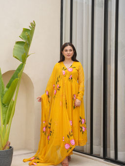 ONEWE INDIA - Murraya Mustard Georgette Hand Paint Kurta with Pant and Dupatta (Set of 3)