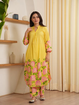 ONEWE INDIA - Elsie Yellow Cotton Hand Paint Kurta with Pant (Set of 2)