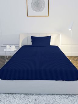 Mayfair Homes London - 100% Cotton Satin 210TC Single Bedsheet with 1 Pillow Cover Stripe Navy Blue (Single)