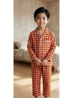 SEPHANI - Brown Cotton Boys Printed Shirt with Pyjama