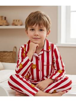 SEPHANI - Orange Cotton Boys Printed Shirt with Pyjama