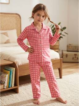 SEPHANI - Pink Cotton Girls Printed Shirt with Pyjama