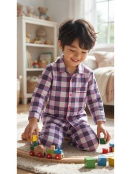 SEPHANI - Purple Cotton Boys Printed Shirt with Pyjama