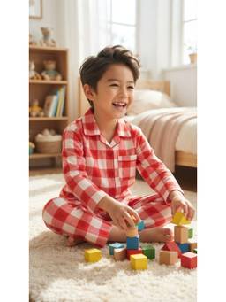 SEPHANI - Red Cotton Boys Printed Shirt with Pyjama