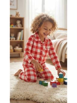 SEPHANI - Red Cotton Girls Printed Shirt with Pyjama