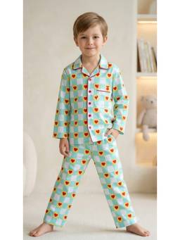 SEPHANI - Blue Cotton Boys Printed Shirt with Pyjama