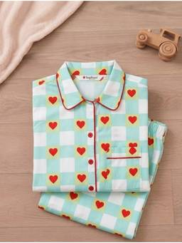 SEPHANI - Blue Cotton Girls Printed Shirt with Pyjama