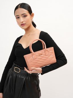 KLEIO - Vegan Leather Quilted Medium HandBag with a long Strap and Zip Closure for Women-Peach