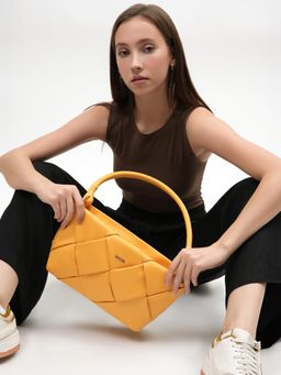 KLEIO - Vegan Leather Weaved Shoulder Handbag for Women - Mustard
