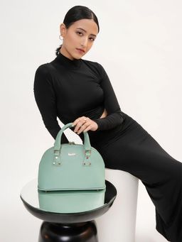 KLEIO - Women Vegan Leather Green Top Handle Handbag with Detachable Strap