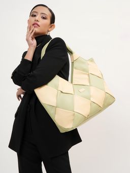 KLEIO - Vegan Leather Large Weaved Tote Shopping Off White Handbag for Women