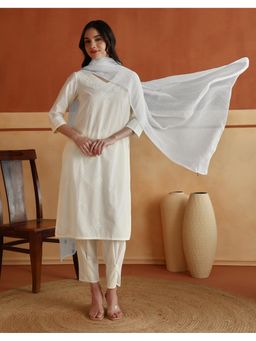 Fabindia - Offwhite Cotton Chikankari Kurta with Salwar and Dupatta