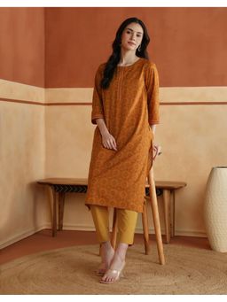 Fabindia - Avni Mustard Cotton Printed Abstract Kurta With Pant