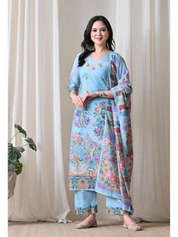 Sia - Ab Pehnegi Duniya - Blue Floral Embroidered Regular Kurta with Pant and Dupatta