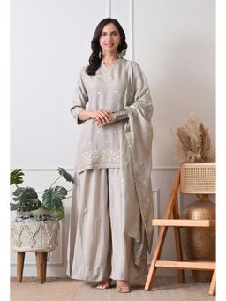 Sia - Ab Pehnegi Duniya - Grey Embroidered Regular Kurta with Palazzo and Dupatta