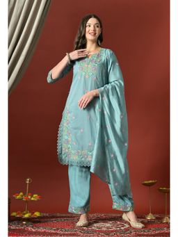 Sia - Ab Pehnegi Duniya - Aqua Embroidered Regular Cotton Kurta with Pant and Dupatta
