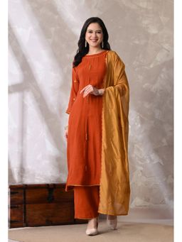 Sia - Ab Pehnegi Duniya - Rust Embroidered Regular Kurta with Pant and Dupatta