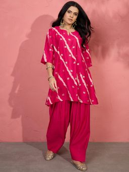 InWeave - Fuchsia Lehariya Foil Pplm Kurta with Salwar