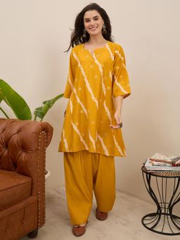 InWeave - Yellow Lehariya Foil Pplm Kurta with Salwar