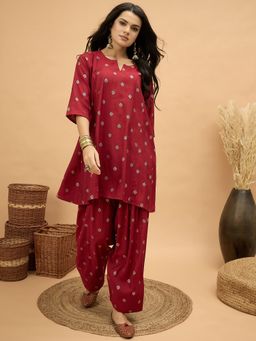 InWeave - Barn Red Foil Pplm Kurta with Salwar