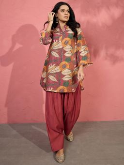 InWeave - Dull Rust Botanical Motif Kurta with Salwar